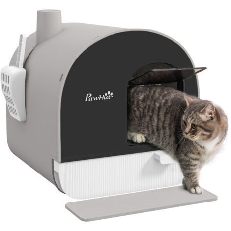 Bac à litière autonettoyant pour chat, avec porte battante, pelle et filtre inclus, dimensions 43L x 44l x 47H cm, couleur gris, idéal pour intérieur.