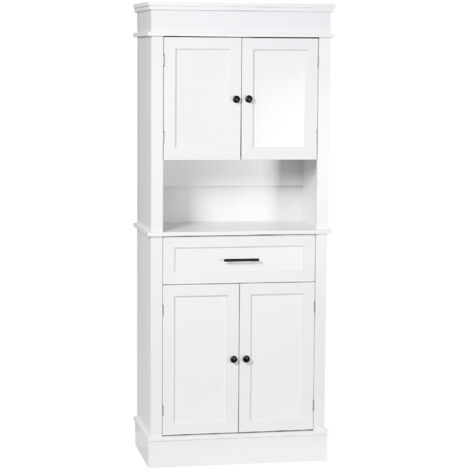 Buffet cuisine blanc MDF E1, armoire multi-rangements 2 placards 2 portes tiroir niche, meuble rangement panneaux particules, design pratique. (1/5)