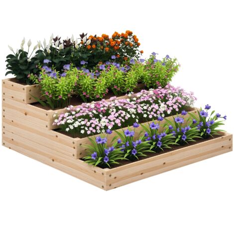 Carré potager surélevé 4 niveaux en bois naturel 113x113x46 cm, sans fond, idéal pour herbes aromatiques, légumes, fruits, fleurs – kit jardin facile à monter. (1/5)