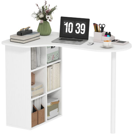 Bureau d'ordinateur blanc 100x59 cm, design irrégulier avec 6 compartiments, 4 étagères ajustables, cadre en acier robuste, table de travail spacieuse pour bureau à domicile. (1/5)
