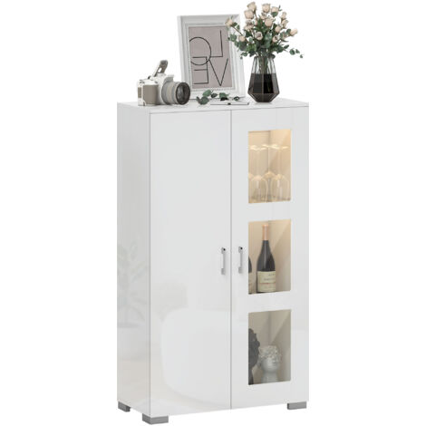 Buffet lumineux LED RGB 16 couleurs avec télécommande, meuble vitré blanc haute brillance, étagères en verre, rangement salon, 71x35x126cm. (1/5)