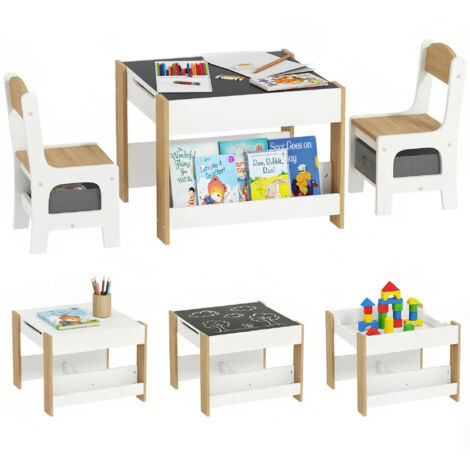 Voici une proposition de titre en français (caractères : 184) :
Table et 2 chaises enfant réversibles tableau noir, rangement panier + étagères – Set 3 pièces mobilier ludique et pratique (1/5)