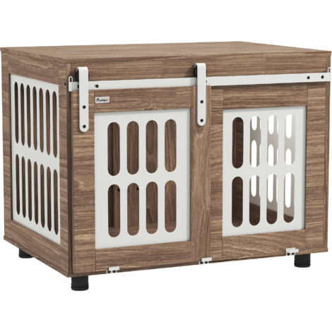 Table d'appoint cage chien avec porte coulissante, niche pour chien moyen en noyer, meuble chien 80x59x63 cm, maison chien avec rangement, espace canin meuble pratique.