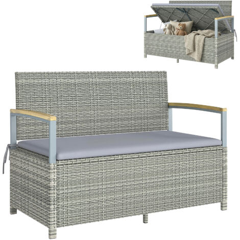 Banc de jardin 2 places avec coffre de rangement 170L, résine tressée grise 120x60x84cm, coussin déhoussable, banquette extérieure pratique et design. (1/5)