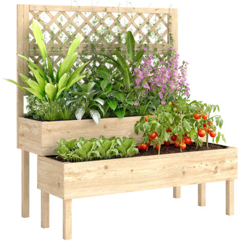 Jardinière 2 niveaux avec treillis en bois naturel, bac à fleurs double étagère, jardin vertical avec tissu non tissé, 108x62x120 cm, support plantes extérieur. (1/5)
