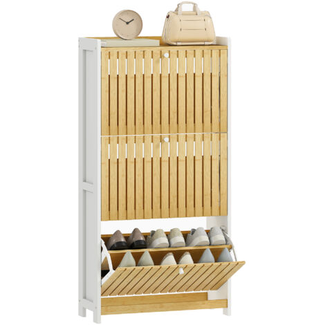 Meuble à chaussures 18 paires, 3 tiroirs rabattables, portes en bambou à lattes, blanc et bois naturel, 60x24x118 cm. (1/5)
