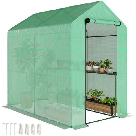 Serre de jardin 2 niveaux en PE, châssis acier renforcé, bâche 140 g/m², serre balcon extérieur, dimensions 186x120x190 cm, couleur verte. (1/5)