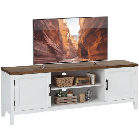 Meuble TV 140 cm blanc marron, meuble télé 42 pouces avec 2 portes et 2 compartiments ouverts, rangement salon moderne. (1/5)