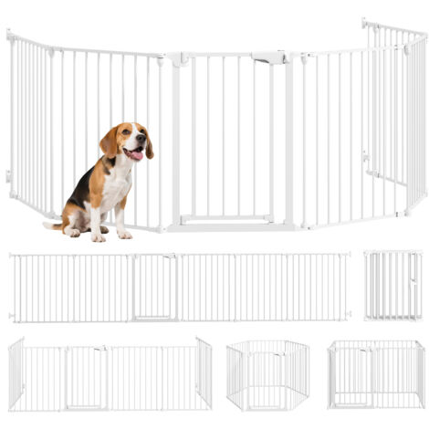 Barrière de sécurité métallique pliable modulable 6 panneaux 61x75 cm blanc, enclos parc pour chien enfant, barrière intérieure/extérieure sécurisée.