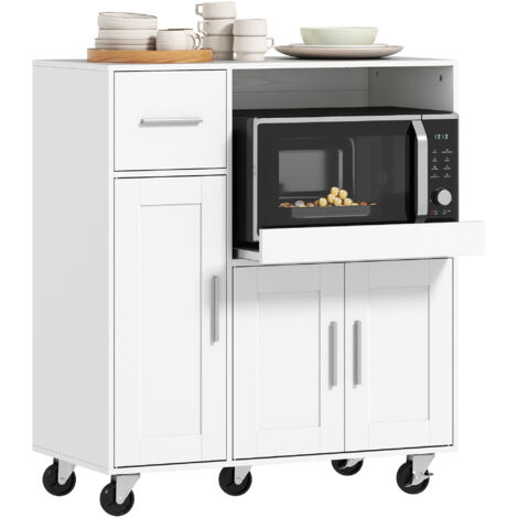 Desserte cuisine roulante avec plateau coulissant, meuble micro-ondes, tiroir, placards 3 portes, blanc 80x40x88,7 cm.