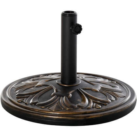 Pied de parasol en ciment lesté Ø48x34H cm, base ronde noire et dorée, motif fleur de lys, poids 13 kg, HDPE, stabilisation solide pour parasol déporté. (1/5)