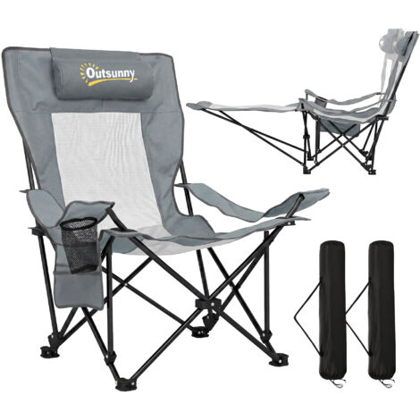 Lot de 2 chaises pliantes camping inclinables 4 positions, avec repose-pieds amovible, porte-gobelet et dossier réglable. Siège confortable gris 125x80x90 cm. (1/5)