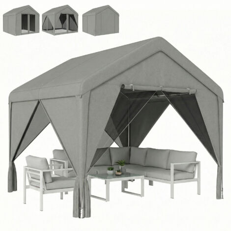 Pergola de jardin 3x3m grise, tonnelle double pente hydrofuge, structure acier galvanisé robuste, pavillon extérieur imperméable, abri terrasse résistant. (1/5)