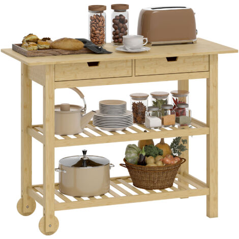 Chariot de cuisine en bambou naturel avec roulettes, 2 tiroirs et 2 étagères, 100 x 43 x 75 cm, desserte de cuisine roulante en bois.