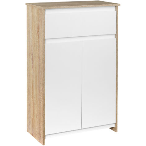 Meuble salle de bain 60x30x90cm blanc bois naturel, rangement avec tiroir et placard double porte, armoire de toilette design, meuble vasque étroit, étagère de salle de bain moderne.