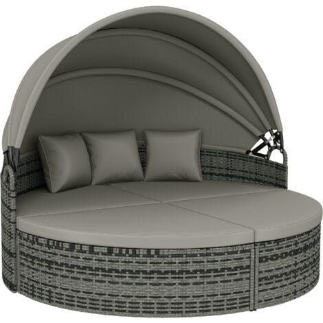 Bain de soleil rond modulable 3 pièces en résine tressée gris clair avec auvent rétractable, lit de jardin extérieur confortable et ajustable. (1/5)