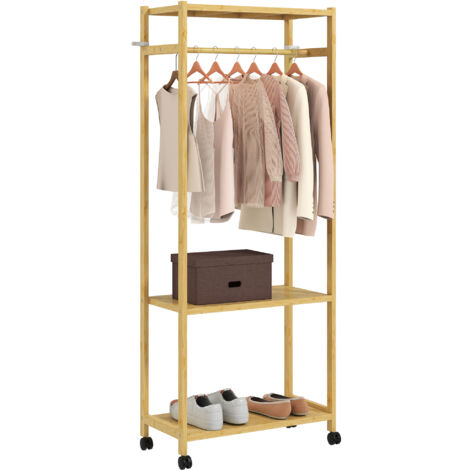 Porte-manteau en bambou sur roulettes, 70x35x175cm, avec tringle suspendue et 2 étagères de rangement, bois naturel, idéal pour vêtements et dressing. (1/5)