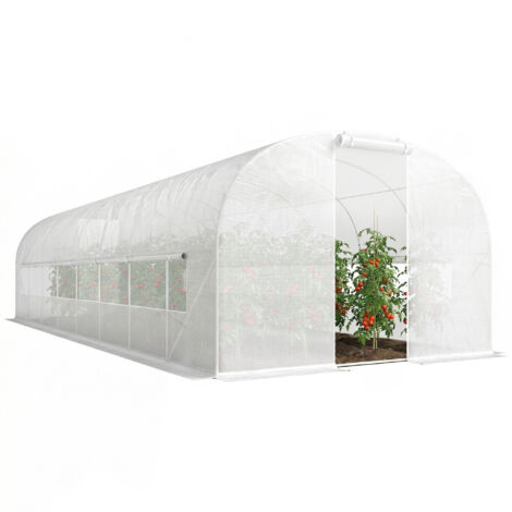 Serre tunnel de jardin 24m², abri végétal avec structure acier galvanisé, portes coulissantes et 2 fenêtres latérales, blanc résistant. (1/5)