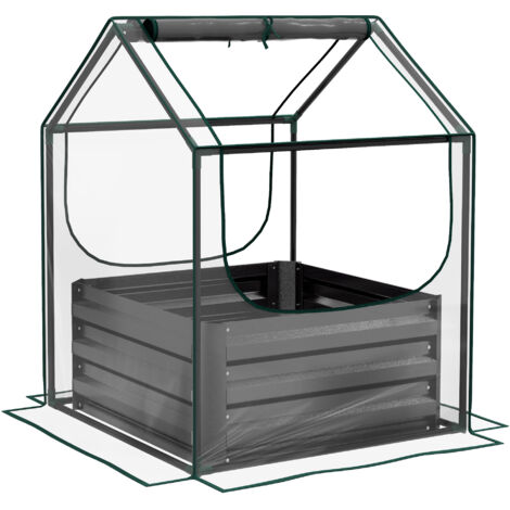 Carré potager surélevé avec mini serre, jardinière en acier galvanisé 70x70x90 cm, gris foncé, idéal pour jardin extérieur, culture protégée et semis précoces. (1/5)