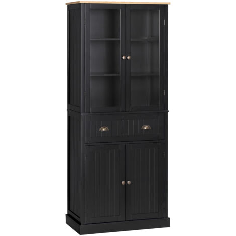 Buffet de cuisine 4 portes dont 2 vitrées, armoire de rangement avec 1 tiroir, étagères réglables, meuble cuisine noir moderne pour salle à manger.