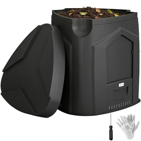 Composteur jardin 240L bac compost extérieur polypropylène, 3 portes 66 aérations, dimensions 78x75x78 cm, noir. Idéal pour déchets verts, jardinage durable, recyclage efficace.