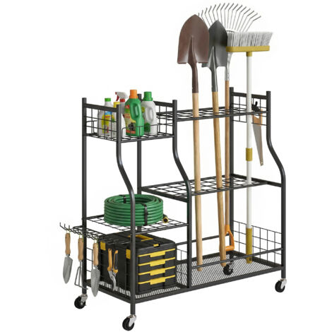 Range-outils jardin acier 3 niveaux, 32 emplacements, 4 roues pivotantes, 11 crochets, établi mobile 104x40x95cm noir