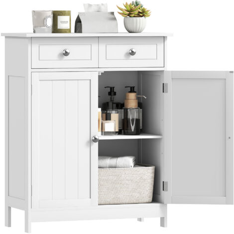 Meuble de salle de bain blanc 60x30x75 cm avec 2 tiroirs, placard double porte, étagère réglable, rangement pratique pour salle de bain, meuble de rangement élégant et fonctionnel. (1/5)