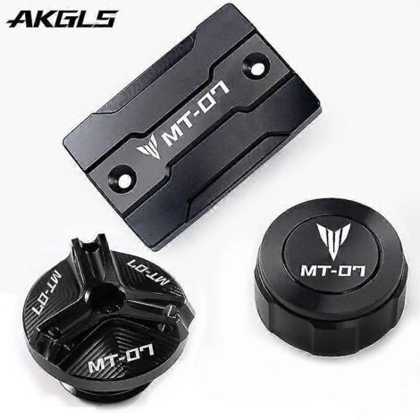 Accessoires pour motos Yamaha MT-07 2021-2022, MT-07 et FZ-07 2014-2020 : bouchons de réservoir de frein avant et arrière et bouchon de remplissage d'huile moteur (jeu complet, noir) (1/4)