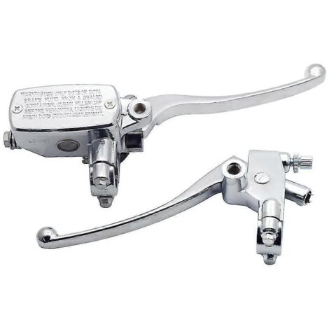 Maître-cylindre de frein hydraulique avant 7/8" (22 mm) pour moto, argenté, avec levier de frein à disque universel gauche/droite et contacteur de frein M10 (kit). (1/5)