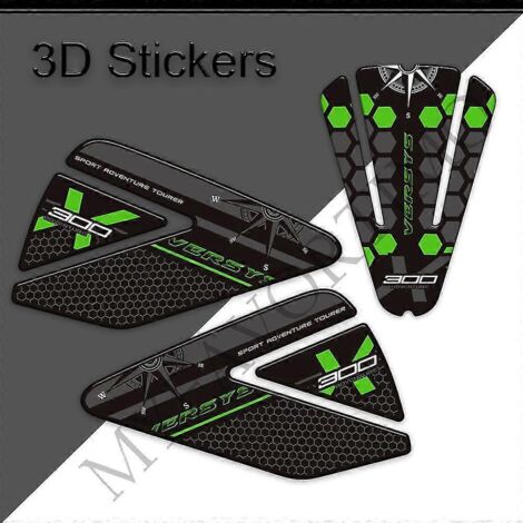 Kit d'autocollants 3D pour moto Kawasaki Versys X 300 (3 pièces) : protections pour les genoux, le réservoir et le moteur (essence, huile, etc.). (1/5)