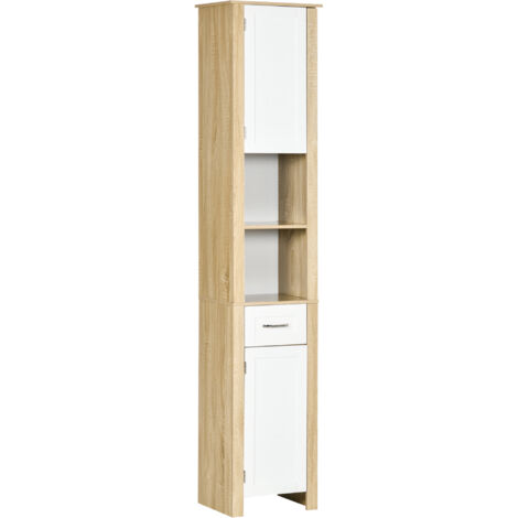 Meuble de salle de bain haut en panneaux de particules avec 1 tiroir, 2 placards et 2 étagères ouvertes réglables, 37x30x184 cm (1/5)