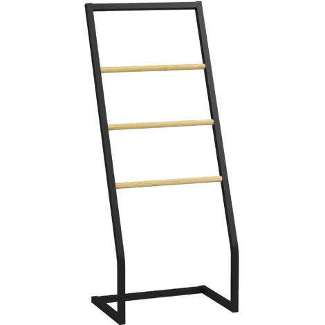Porte-serviettes 4 barres en acier et bambou, 40,5x28x98cm, noir et bois naturel (1/5)
