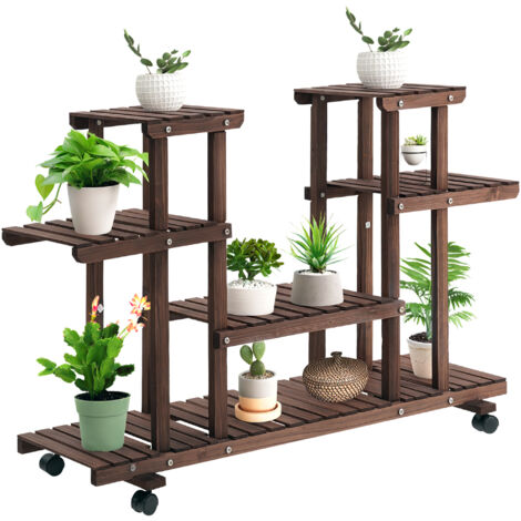 Porte-plantes extérieur, étagère à fleurs 4 niveaux, jardinière intérieur/extérieur en bois avec 4 roulettes, 123,5 x 33 x 80cm (1/5)