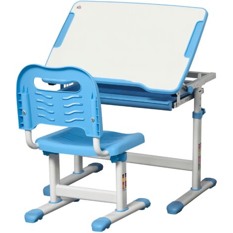 Banco scolaire enfant 6-12 ans avec chaise réglable, tiroir et plan inclinable, 66x47x52-77 cm, bleu (1/5)