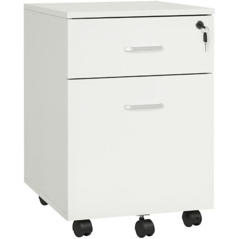 Bureau à 2 tiroirs avec serrure et 5 roulettes, en panneau de particules, 40x49x58 cm, blanc (1/5)