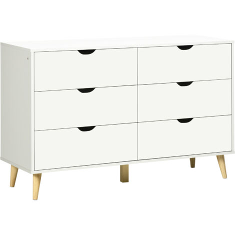 Cassettiera 6 tiroirs avec poignées stratifiées, en pin massif, 120x40x76 cm, blanc et bois naturel (1/5)