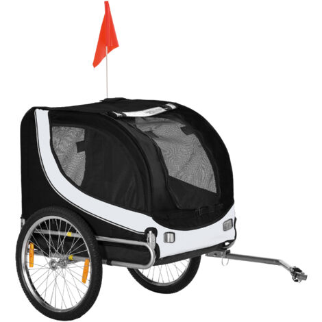 Remorque Vélo Chien Taille Moyenne Fenêtres Latérales Drapeau, Remorque Vélo Acier Tissu Oxford, 130x73x90 cm, Blanc Noir (1/5)