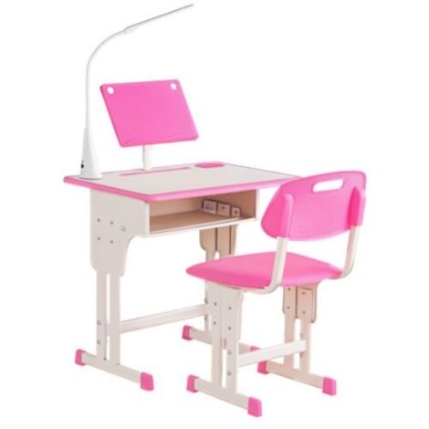 Table enfant 6-12 ans réglable en hauteur avec lampe, tiroir, crochet, porte-stylo et pupitre, ensemble bureau et chaise en acier et MDF, rose (1/5)