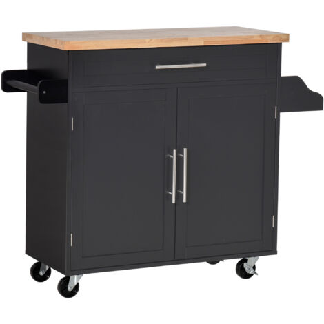 Chariot de Cuisine Multifonction avec Tiroir, Roulettes, Porte-Épices et Armoire, Meuble de Cuisine avec Étagère Réglable, Porte-Serviettes et Plateau en Bois d'Hévéa, 109x40x89 cm, Noir (1/5)