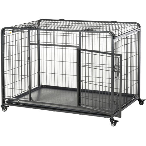 Kennel Pieghevole per Cani Doppia Porta con Serratura, Gabbia con 4 Ruote Frenanti e Fondo Estraibile, 125x76x81cm, Grigio Scuro (1/5)