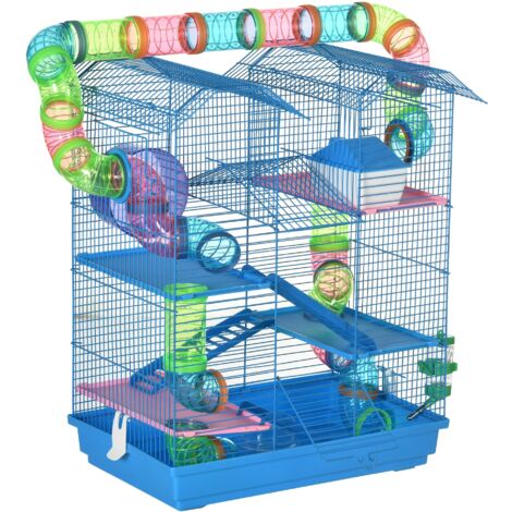 Cage pour Hamsters et Rongeurs 5 Niveaux, Habitat pour Hamster avec Tubes Colorés, Roue, Maisonnette et Accessoires Inclus, 47x30x59 cm, Bleu (1/5)