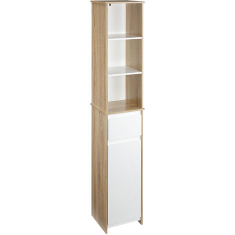 Étagère de salle de bain gain de place en bois, meuble colonne avec tablettes, placard et tiroir, blanc, 32,6x30x171,2 cm (1/5)