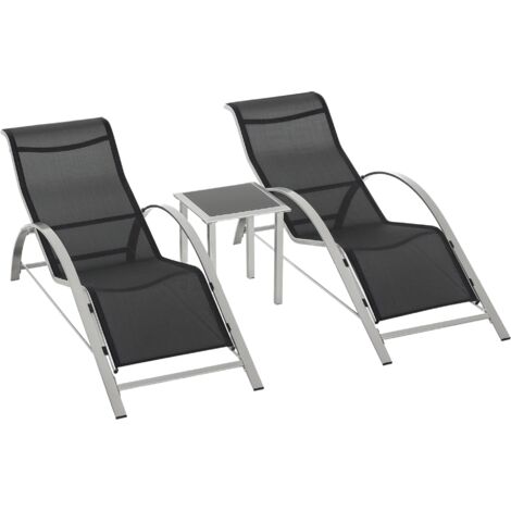 2 Pièces Sdraio de Jardin et Table Basse en Verre, Chaise Longue Solaire en Tissu Respirant, 59x169x66cm, Noir Gris (1/5)