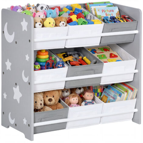 Étagère à Jouets avec 9 Bacs Amovibles en MDF et Tissu, 63x30x60cm, Gris et Blanc (1/5)