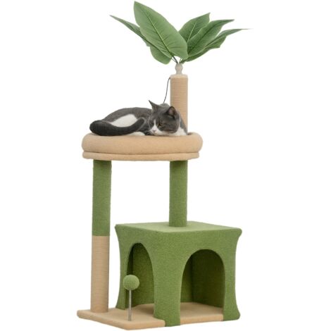 Arbre à chat avec niche, couchette et 2 balles, en bois et polyester, 44x30x98 cm, vert et marron (1/5)