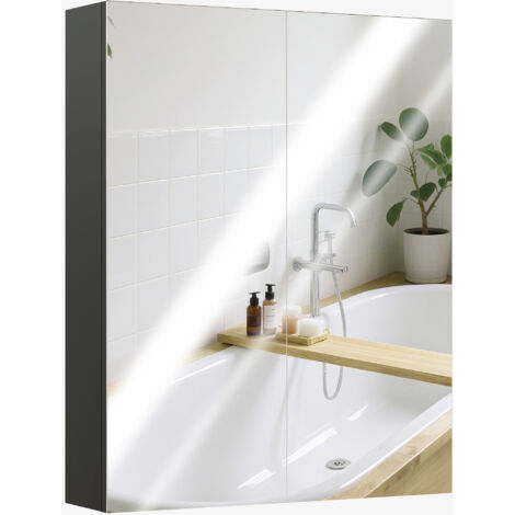 Armoire murale salle de bain 2 portes avec miroir et 2 étagères intérieures en MDF, 60x15x75 cm, Noir (1/5)