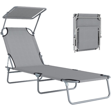 Chaise de jardin pliable avec auvent réglable et dossier inclinable 4 positions, gris clair (1/5)