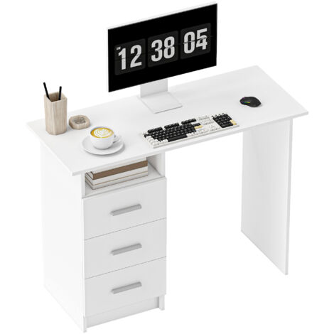 Bureau moderne en bois blanc et marron, 100x40x75 cm, avec 3 tiroirs et étagère ouverte (1/5)
