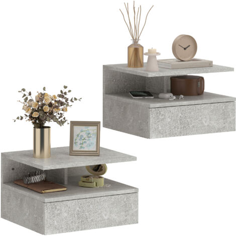 Lot de 2 tables de chevet suspendues avec tiroir et étagère ouverte, 35x32x22.5 cm, gris ciment (1/5)