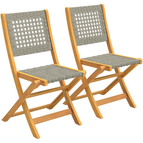 Lot de 2 Chaises Pliantes de Jardin en Rotin PE et Bois d'Acacia, Charge max 160 kg, Gris (1/5)